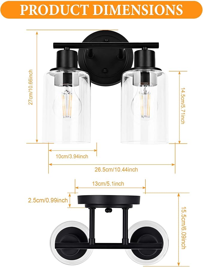 2-Light Bathroom Vanity Light Fixture Black Two Bulb Vanity Bathroom Lights Over Mirror, 2-Light Black Wall Sconce Over Sink