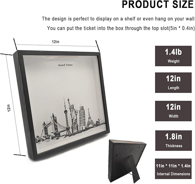12x12 Travel Adventure Archive Box, Ticket Box for Wall Or Tabletop, Memory Box Wood Frame (Black)