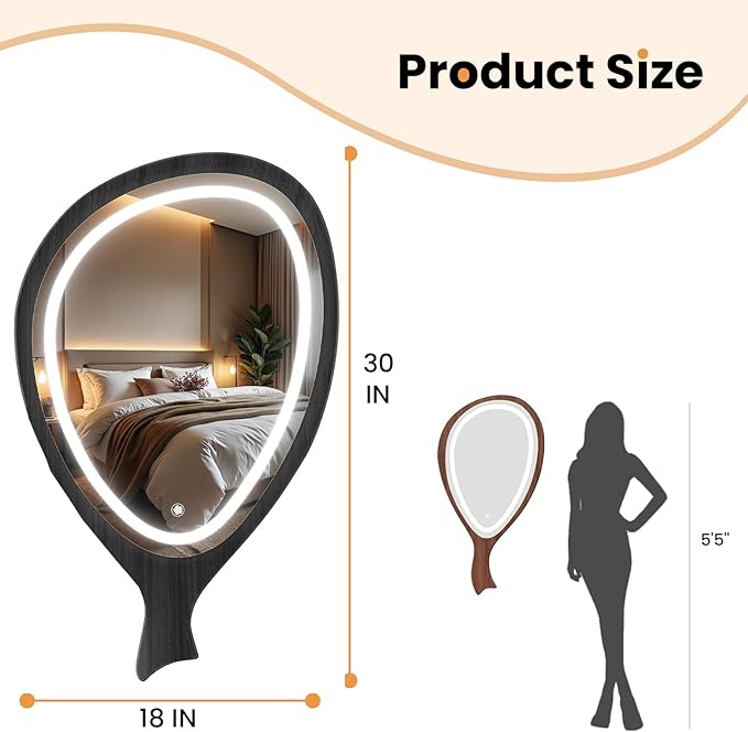 Irregular Asymmetrical Wall Mirror with LED Lights，3colors Hanging Mirror with Lights for Living Room Bathroom Entryway, Modern Decorative Mirror Hanging Black 30x18in