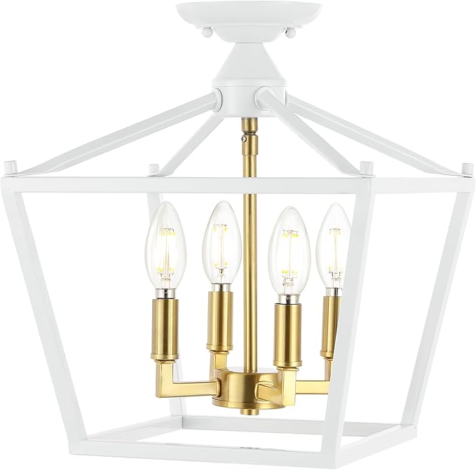 JONATHAN Y JYL7610F Plains Mini Lantern 12" 4-Light Iron Modern Farmhouse LED Flush Mount, Office, Living Room, Family Room, Dining Room, Bedroom, Hallway, Foyer, White/Brass Gold