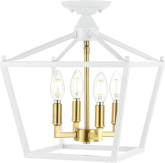 JONATHAN Y JYL7610F Plains Mini Lantern 12" 4-Light Iron Modern Farmhouse LED Flush Mount, Office, Living Room, Family Room, Dining Room, Bedroom, Hallway, Foyer, White/Brass Gold