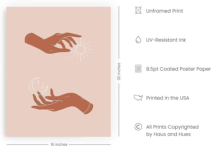 HAUS AND HUES Sun and Moon Astrology Posters - Spiritual Wall Art and Celestial Hands Top and Bottom Astrology Room Decor Posters Boho Prints Unframed 16x20