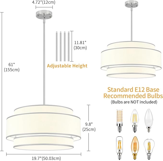 19.7''Drum Chandelier Dining Room Light Fixtures,3-Tier Modern White Fabric Brushed Nickel Pendant Lights,6-Light Kitchen Island Lighting Farmhouse Chandeliers for Living Room Foyer Staircase