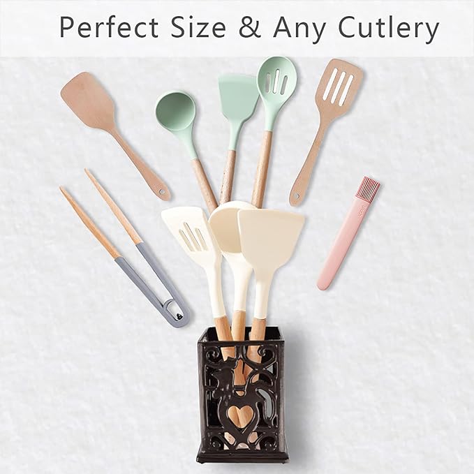 Vintage Utensil Holder for Countertop, Robust Cast Iron Utensil Holder for Kitchen Counter Cooking Tools Crock Spoon and Spatula Holder Organizer, Coffee Gold