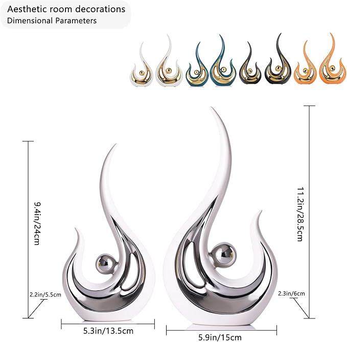 LCCCK 2-Pack Modern Abstract Art Home Decor Accent, Contemporary Statues Coffee Table Decor for Living Room, Dining Room Centerpieces, Ceramic Sculptures and Silver Knick Knacks for TV Stand Decor