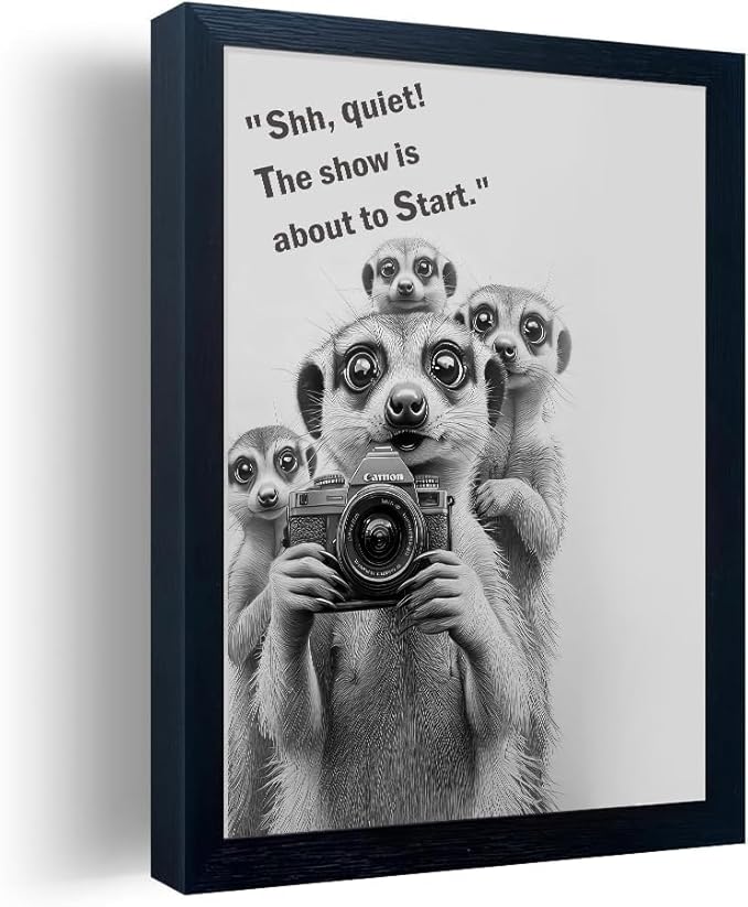 Frame Bathroom Wall Art, Black and White Meerkat Canvas Wall Art - Meerkat Painting with Camera - for Toilet Bathroom Animal Art- 11 "x 14"