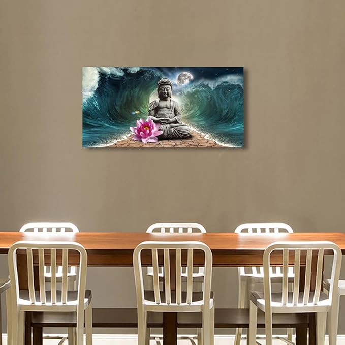 Canvas Wall Art Buddha Pictures Home Decor Grey Zen in The Background of Moon and Waves Poster Prints Painting for Living Room Bedroom Bathroom Kitchen Office Decoration Hindu Artwork 24x48 Inches