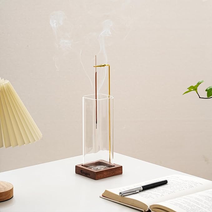 Incense Holder，2 Pack Wood Incense Holder for Sticks with Glass Ash Catcher，Incense Burner for Meditation Yoga Spa Room Decor