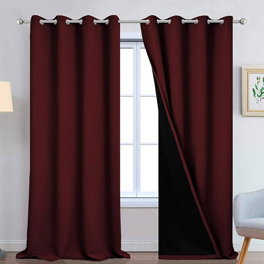 Yakamok 100% Blackout Window Curtain Panels, Heat and Full Light Blocking Drapes with Black Liner for Dedroom,Thermal Insulated Draperies for Living Room(Burgundy Red, 2 Pieces, 52Wx108L)