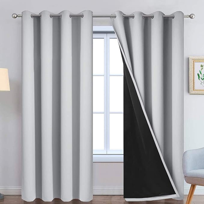 Yakamok 100% Blackout Window Curtain Panels, Heat and Full Light Blocking Drapes with Black Liner for Nursery,Thermal Insulated Draperies (Light Grey, 2 Pieces, 52Wx96L)