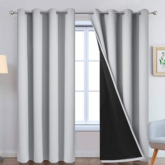 Yakamok 84 Inch Long 100% Blackout Curtains for Bedroom, 2 Thick Layers Thermal Insulated Grommet Total Blackout Drapes with Black Liner for Living Room (52Wx84L,Light Grey, 2 Panels)