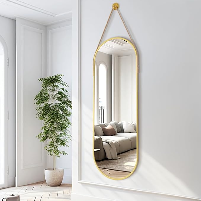 16"x48" Oval Full Length Mirror with Leather Strap Hanging Mirror with Aluminum Frame, Oval Gold Wall-Mounted Mirrors for Living Room Bedroom Entryway Décor, Gold