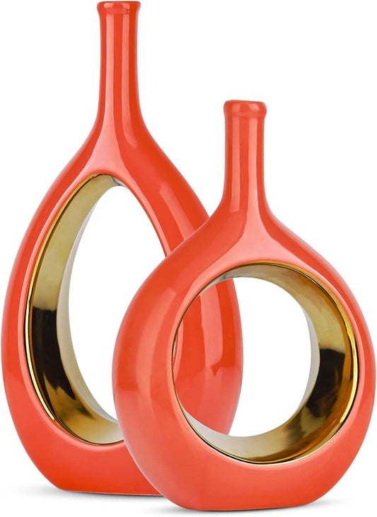 Orange and Gold Vase Ceramic Orange Vases Home Decor,Modern Minimalist Circle with Hole Decorative Vase, Hollow Ellipse Flower vases for Bookshelf, Fireplace Mantle,Centerpieces,Farmhouse,Rustic Décor
