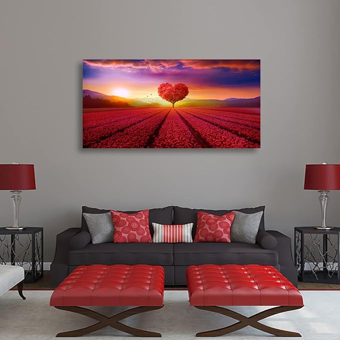 Tree of Life Wall Art Canvas Prints Natural Landscape Pictures Home Decor Red Heart Tree Paintings for Living Room Bathroom Bedroom Kitchen Decorations 20x40 Wooden Framed Artwork Easy Hanging