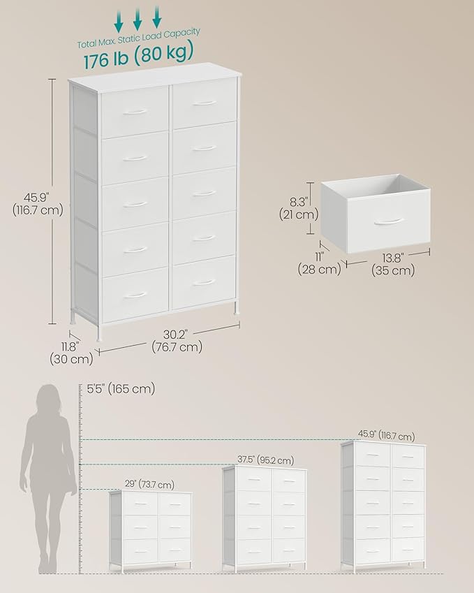 SONGMICS Dresser for Bedroom, Chest of Drawers, Steel, MDF, 10 Non-Woven Fabric Drawers, Storage Organizer Unit, Closet, Entryway, Cloud White and Snow White ULGS125W01S