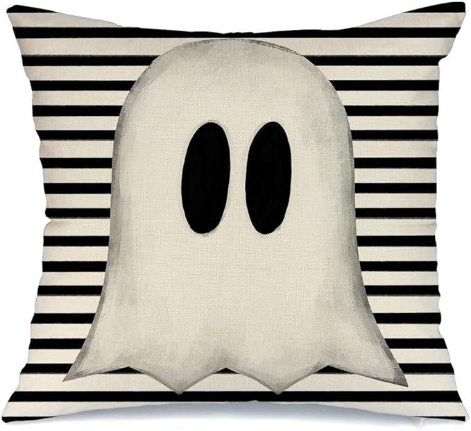 AACORS Halloween Throw Pillow Cover 16X16 Inch White Ghost Striped Decorations Holiday Farmhouse Cushion Case for Home Sofa Couch Decor AA012-16