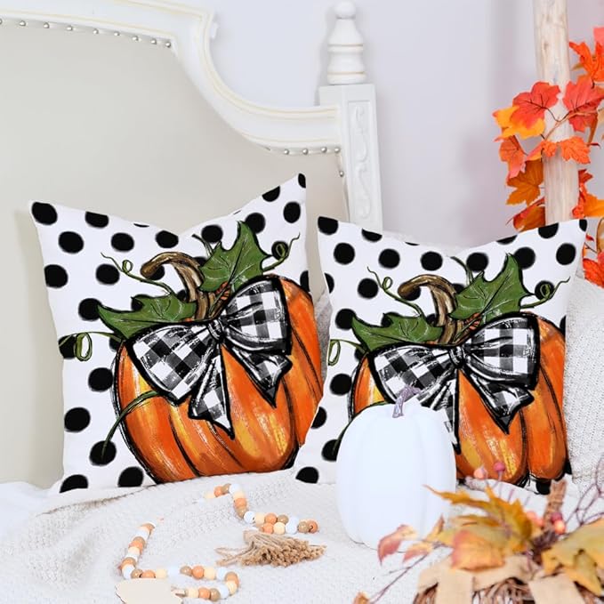 AACORS Fall Throw Pillow Cover 18x18 Set of 2,Polka Dots Pumpkin Decor Autumn Farmhouse Seasonal Pillow Case Decoration for Home Sofa Couch AA279-18-2