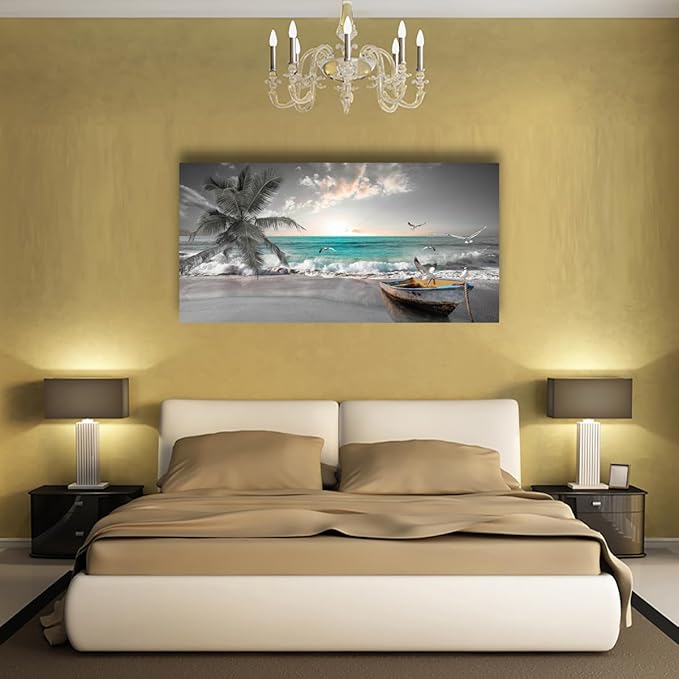 Beach Sea Wave Pictures Canvas Wall Art For Living Room Bedroom Wall Decor,Sea Wave Wall Art Print Paitnings For Home Decor,Morden Artwork Palm Boat Canvas Art Waterproof Ready To Hang-28x57 Inches
