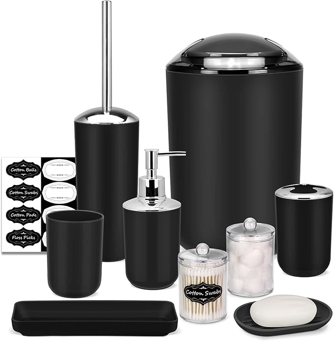 IMAVO Bathroom Accessories Set,Black Bathroom Set,9 Pieces Bathroom Accessory Set,Tray,Qtip Holders,Toilet Brush,Trash Can for Bathroom Décor and Home Gifts