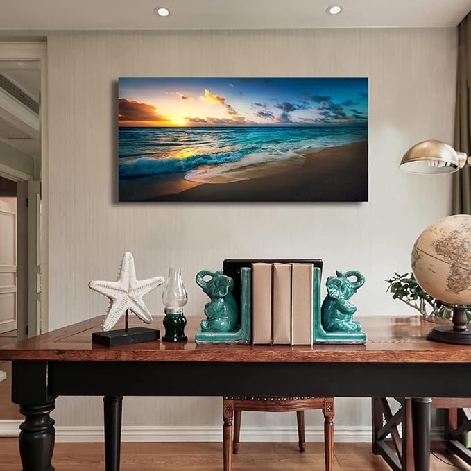 Beach Pictures Wall Art Canvas Prints Seascape Themed Decor for Home Sea Ocean Sunset Paintings for Living Room Bathroom Wall Decorations Natural Landscape Artwork Wooden Picture Frames Hanging Easy