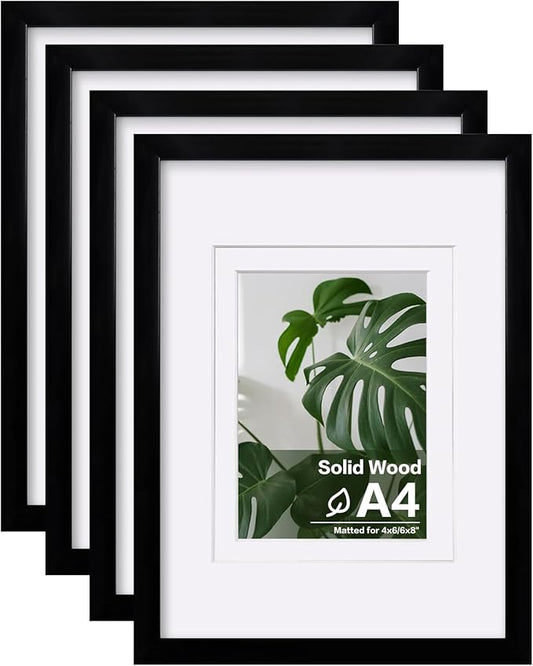 Egofine A4 Picture Frames Set of 4, Made of Solid Wood Covered by Plexiglass 4x6 and 6x8 with Mat or A4 whitout Mat, for Table Top Display and Wall Mounting Photo Frame Black