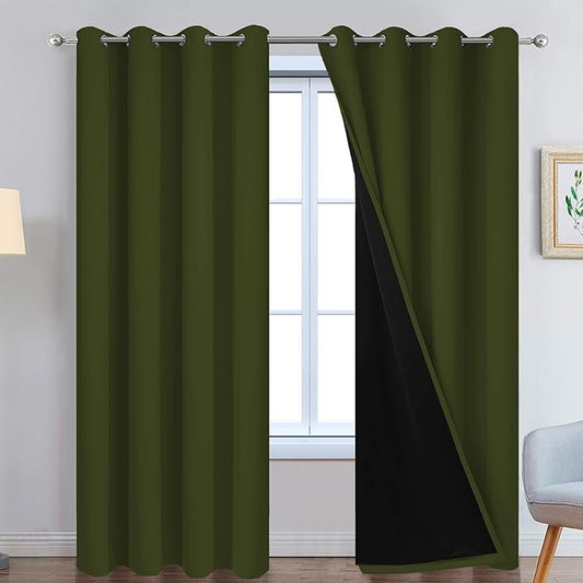 Yakamok Green 100% Blackout Curtains, Total Blackout Lined Curtain Panels for Bedroom, 2 Thick Layers Grommet Top Thermal Insulated Blackout Drapes for Living Room(52Wx96L, Olive Green, 2 Panels)