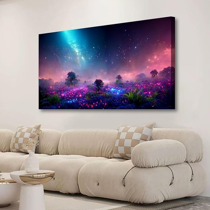 Purple Magical Wall Art Bedroom Wall Decor Living Room, Canvas Wall Art Office Farmhouse Paintings Artwork Modern Blue Starry Sky Grass Land Fantastic Wall Art Prints Pictures 20 * 40inch