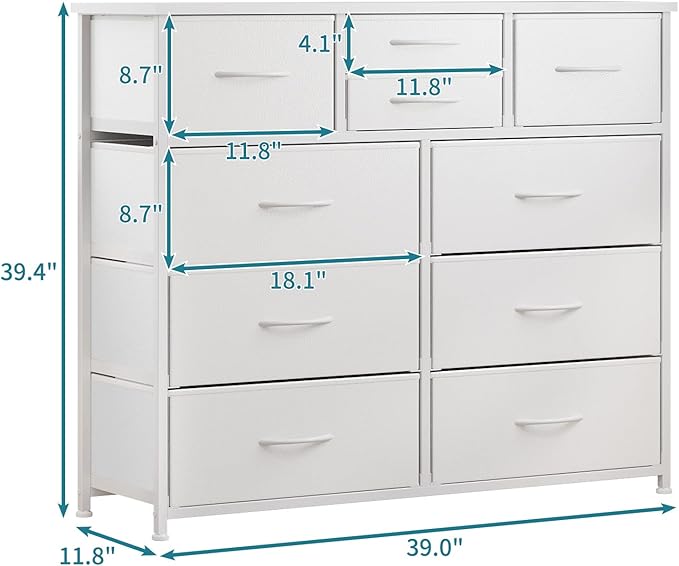LUMTOK 10-Drawer Dresser, Fabric Storage Dressers Drawers for Bedroom, Hallway, Nursery, Closets, Steel Frame, Wood Top, Easy Pull Handle (White)