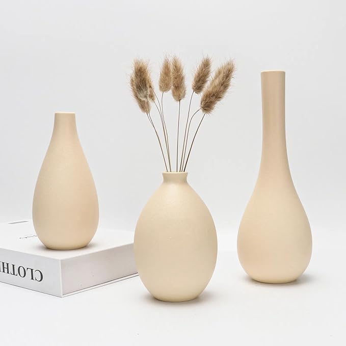 Ceramic Vase Set 3-Piece - Bohemian Farmhouse Style Decorative Vases for Pampas Grass,Beige Vases for Home Decor, Living Room, Kitchen, Bedroom, Entryway & Mantel