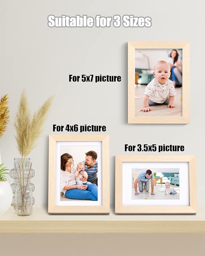Egofine 5x7 Picture Frames Set of 4, Made of Solid Wood Covered by Plexiglass 3.5x5 and 4x6 with Mat or 5x7 without Mat, for Table Top Display and Wall Mounting Photo Frame Oak Wood