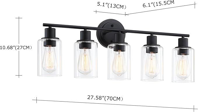 5-Light Black Bathroom Vanity Light Fixture Over Mirror - 5 Bulb Black Wall Sconce for Bathroom Bedroom Hallway Wall Mount Fixture Over Kitchen Sink