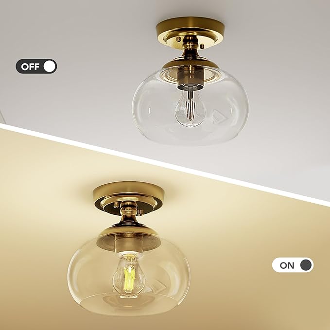 VONLUCE Industrial Semi Flush Mount Ceiling Light, 8.3" Ceiling Light Fixture with Clear Glass Shade, Farmhouse Lighting for Hallway Kitchen Bedroom Entryway, Brushed Gold Flush Mount Light Fixture