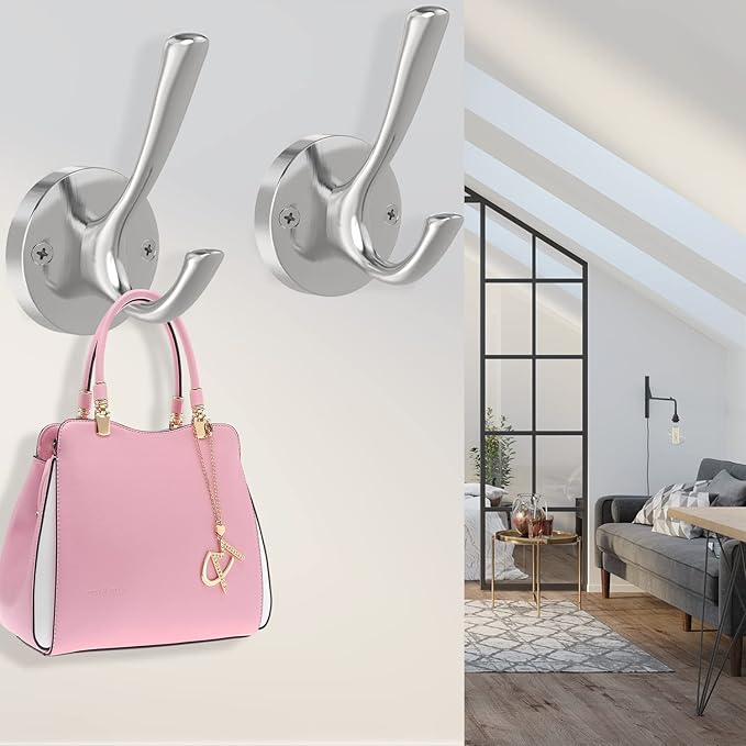 Brushed Nickel Wall Hooks, 4 Pack Heavy Duty Coat Towel Hook Metal Double Hook Wall Mounted Hanging, Bath Towel Hooks for Entryway Cubicle Bathroom Closet Garage