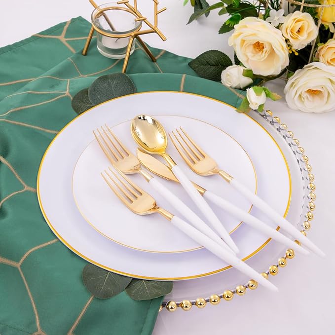 Nervure 100Pieces White with Gold Rim Plastic Plates - 7.5inch Disposable Gold Salad/Dessert Plate - White and Gold Plastic Plates Ideal for Wedding & Party & Thanksgiving