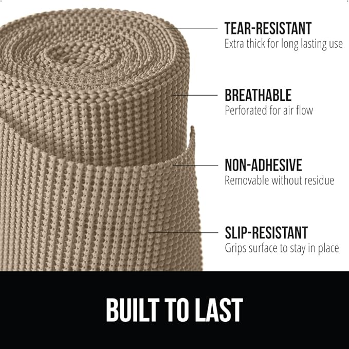 GORILLA GRIP powerGRIP Drawer Shelf and Cabinet Liner, Thick Strong Hold, Non-Adhesive Liners Protect Kitchen Cabinets and Cupboard, Bathroom Drawers, Easy Install, Breathable Mat, 17.5" x20', Beige