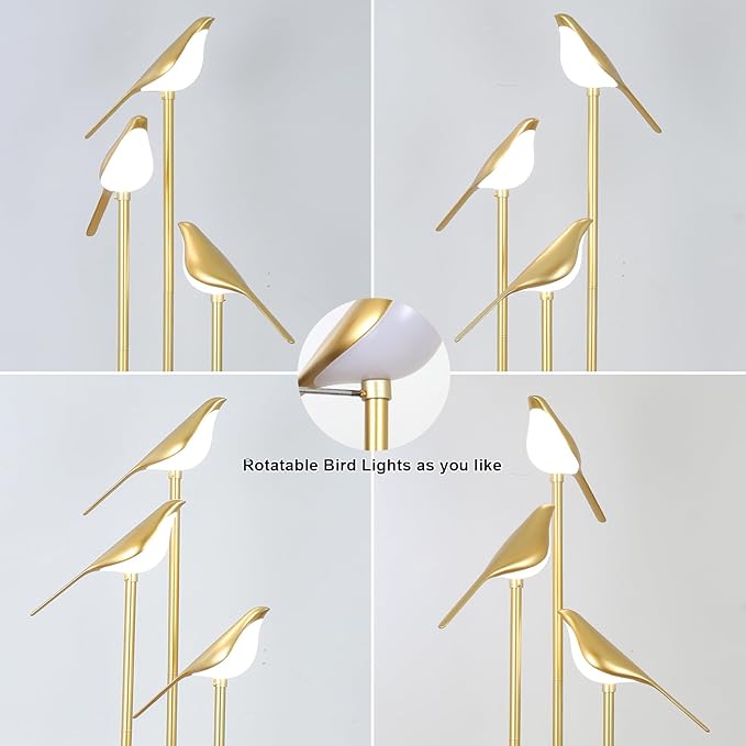 Gold Floor Lamps for Living Room, Modern Floor Lamp with Shelves, Mid Century Standing Lamp with 3 Adjustable LED Bird Lights, Corner Tall Lamp with Table, Brass Stand up Lamp for Bedroom Kids Room
