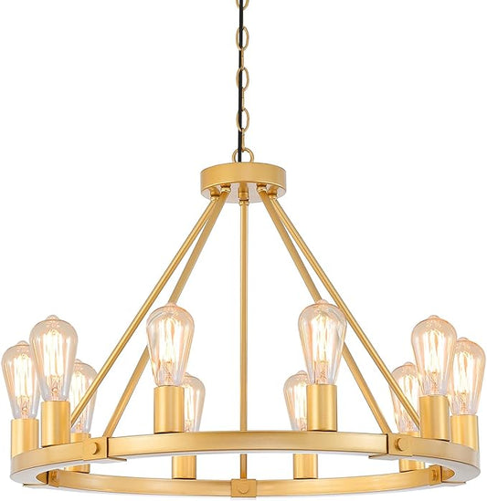 9MMML Gold Wagon Wheel Chandelier, 10-Light Industrial Pendant Light, 26.7'' Farmhouse Ceiling Hanging Chandelier Light Fixture for Living Room, Bedroom, Entryway, Foyer