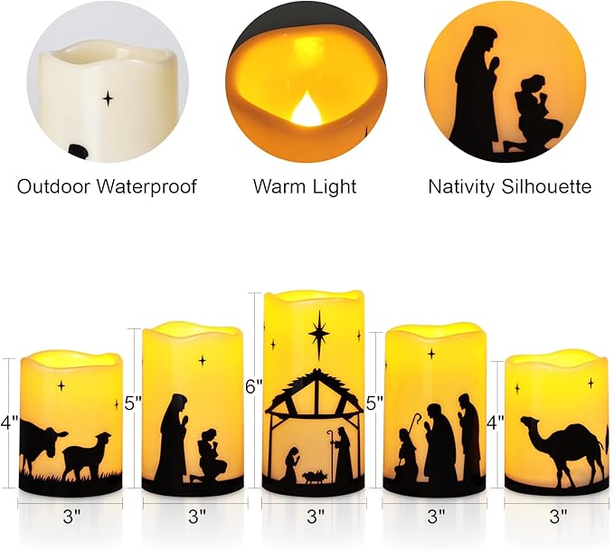 Christmas Decorations Indoor Outdoor, Nativity Scene Candle Set with Remote Time, Religious Holiday Home Table Mantel Room Decor Centerpieces, Xmas Gift, Battery Operated Flameless Candles, Waterproof