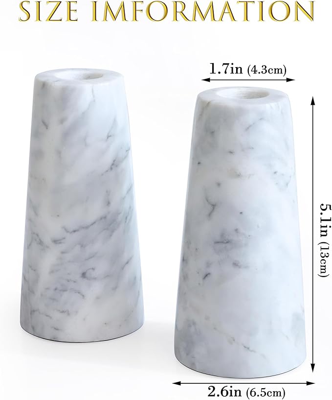HofferRuffer Marble Candlestick Holders，Set of 2 Natural Stone Candle Holder Decorative Candle Stands for Wedding, Dinning, Party, Table Centerpieces, Fit 3/4'' Thick Taper Candles (Grey White)