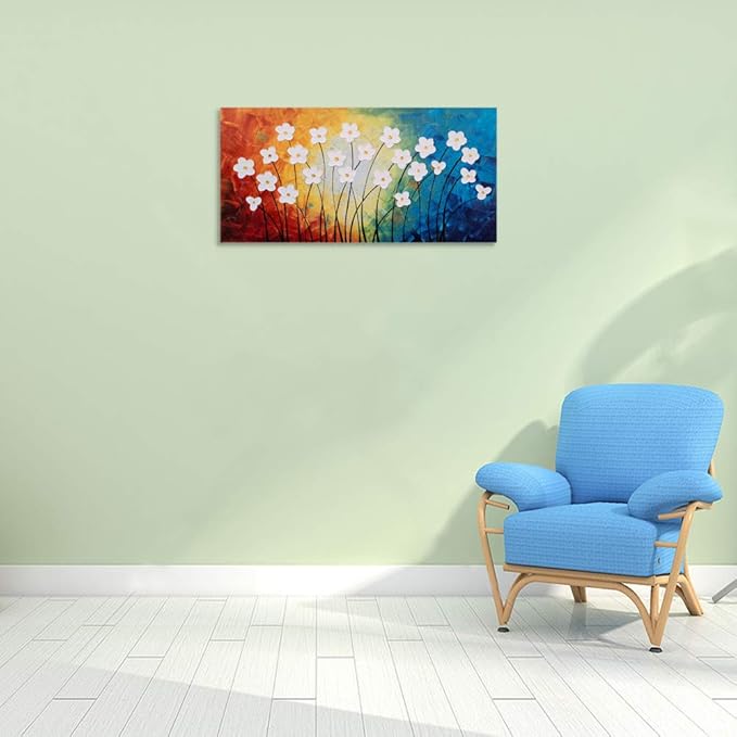 Yihui Arts Flower Pictures Wall Decor Hand Painted 3D Light Blue Yellow Red and White Canvas Oil Paintings Modern Big Horizontal Artwork for Living Room Bedroom Nursery Decoration