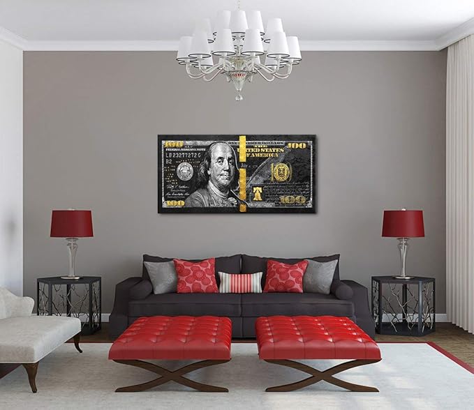 Golden 100 Dollars Money Canvas Office Home Artwork Paintings Prints Motivational Black 100 USD Money Wall Art HD Print Modern Home Rest Room Decor Wooden Framed and Stretched Easy to Hang-40 Wx20 H