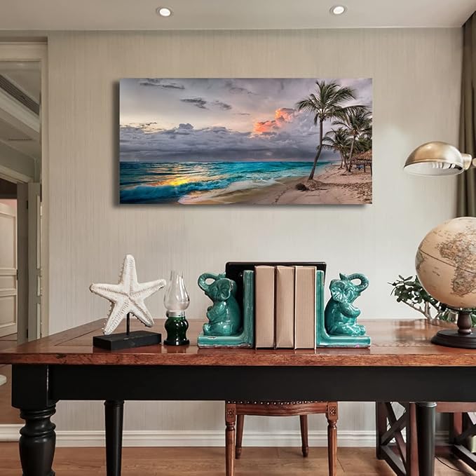 Beach Pictures Wall Art Canvas Prints Seascape Poster Bathroom Decor Blue Ocean Green Tree Painting for Living Room Bedroom Home Kitchen Decoration 20x40 Wooden Frame Natural Landscape Artwork