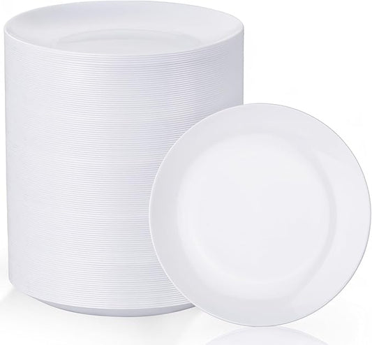 Nervure 100Pcs White Plastic Plates - 7.5inch Disposable White Dessert/Salad Plates - Heavy Duty Plastic Plate Ideal for Wedding & Party