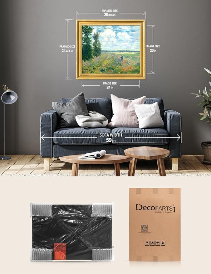 DECORARTS - Claude Monet Poppy Fields Near Argenteuil Giclee Print with Gold Solid Wood Frame, Impressionist Large Framed Wall Art, Ready to Hang, Framed Size28.75x24.75, Made in USA