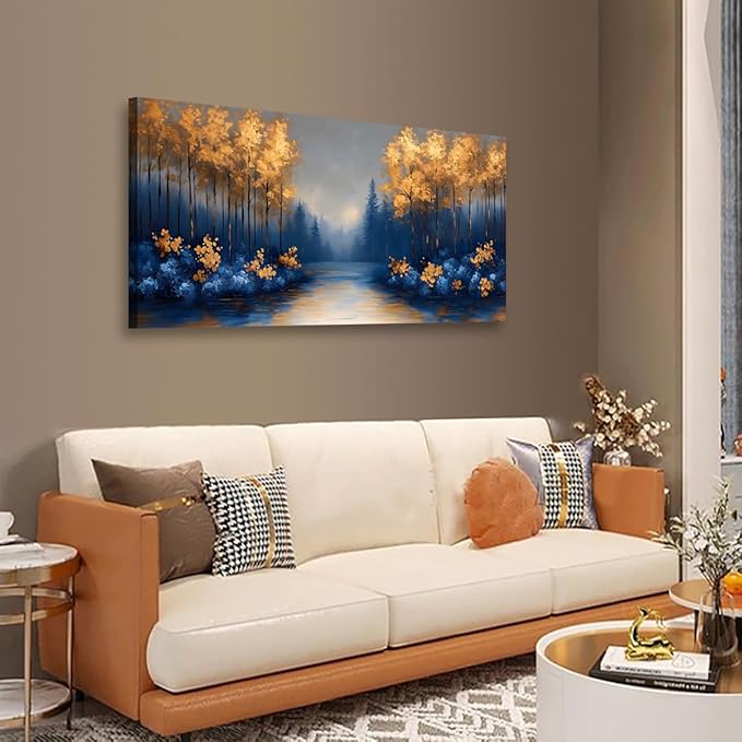 Abstract Scenery Pictures Canvas Wall Art for Living Room Office Bedroom Wall Decor,Blue Forest Golden Tree Wall Art Print Paintings Modern Landscapes Artwork Waterproof Ready to Hang-20x40inch