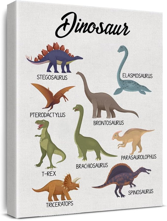 Dinosaur Species Canvas Wall Art Stegosaurus Pterodactylus Triceratops Educational Poster Kids Boys Girls Children Rooms Learning Paintings Artwork Ready to Hang Home Classroom Decor 15x12 Inches