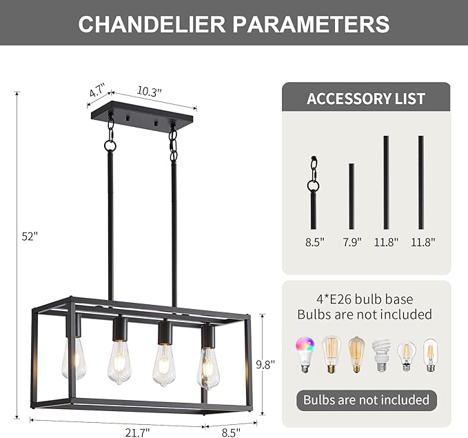 Dining Room Light Fixture 4 Light Black Farmhouse Chandelier Modern Kitchen Island Pendant Lighting Rectangular Hanging Lights for Kitchen Dining Room Adjustable Height Metal E26 Base