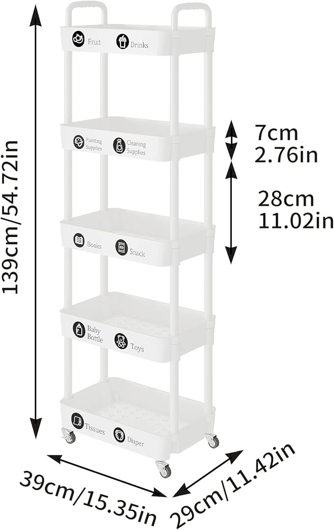 Laiensia 5-Tier Rolling Cart with Wheels,Multifunction Utility Storage carts, Kitchen Storage Organizer,Mobile Shelving Unit for Bathroom,Laundry,with Classified Stickers,White