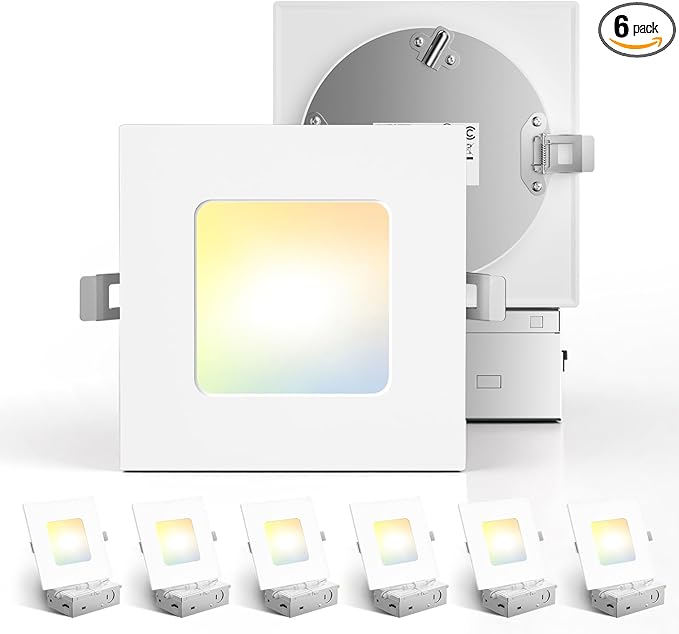 Amico 6 Pack 4 Inch Ultra-Thin LED Square Recessed Light with Junction Box, 5CCT 2700K/3000K/3500K/4000K/5000K Selectable, 700LM Brightness, Dimmable Canless Wafer Downlight, 10W, ETL&FCC