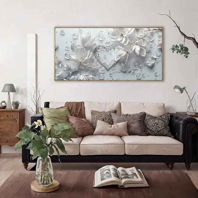 Wall Art Modern Flowers Artwork Love Heart Wall Decor White Canvas Prints for Living Room Bedroom Dining Room Home Office Decor Large Framed Ready to Hang 20"x40"